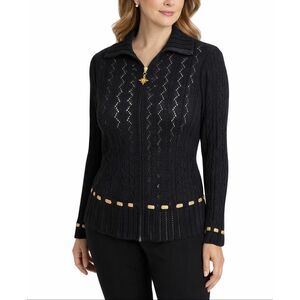 St. John Collection by Marie Gray Black Zip Knit Jacket Gold Detail Size 6 Made